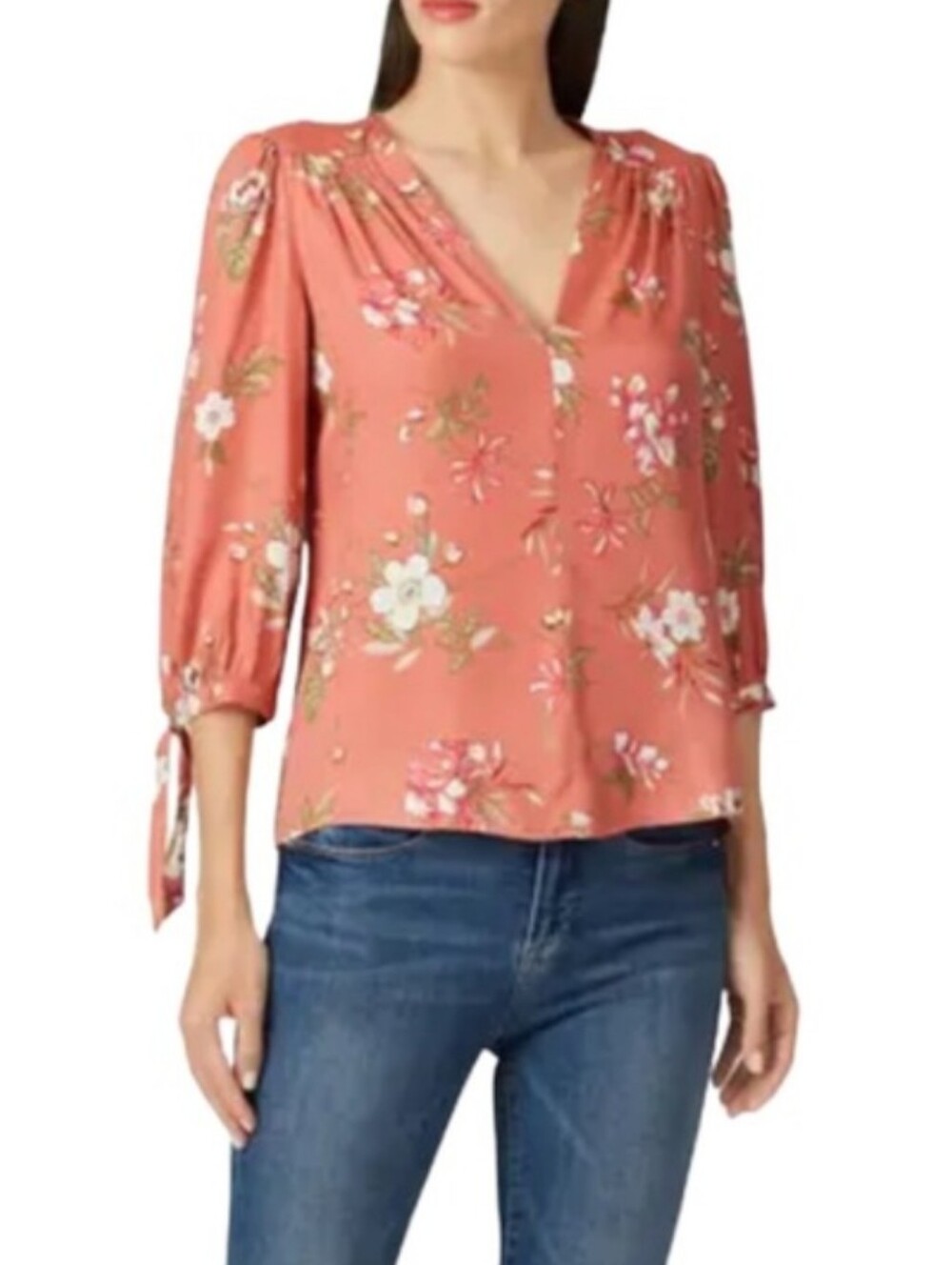 Rebecca Taylor Silk Pink Coral Floral V-Neck Tie Sleeve Blouse
